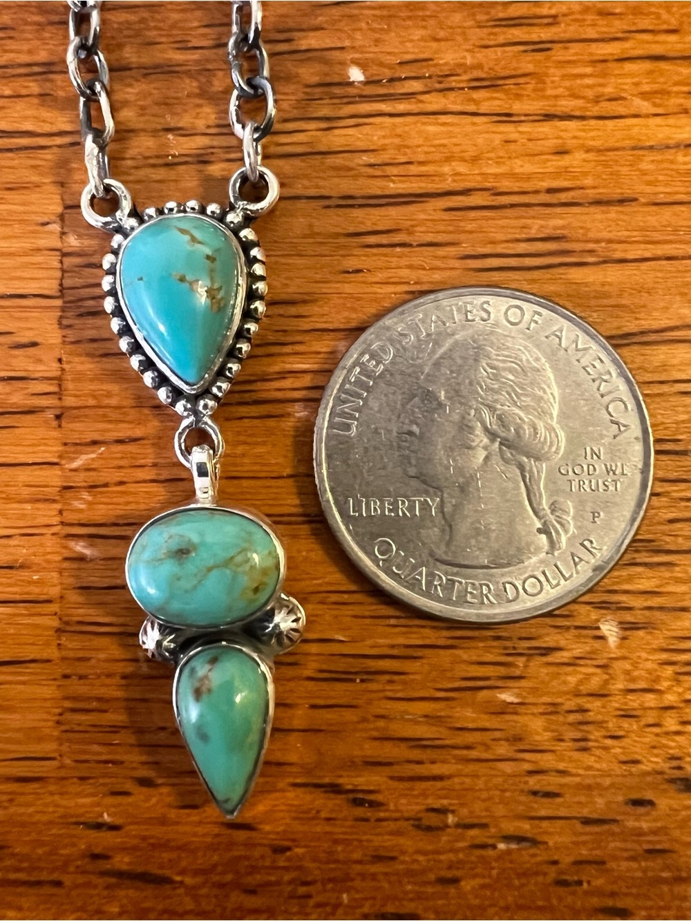 Kingman Turquoise Drop Necklace Sterling Silver 3 Stone Pendant | Southwestern - Picture 13 of 14